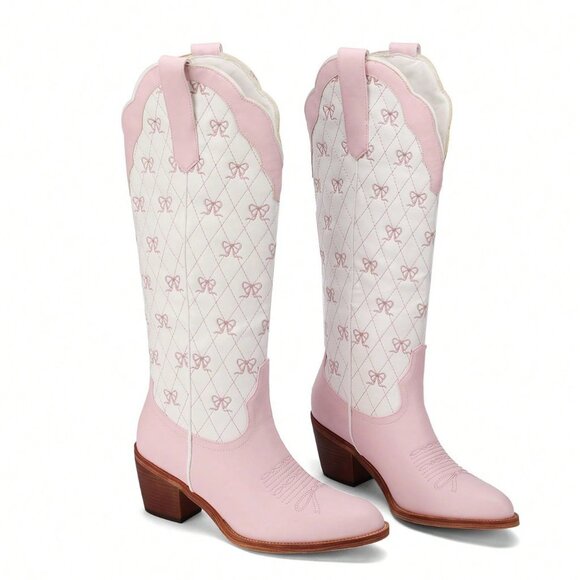 Baby Pink Elegant Women's Knee High Cowboy Boots with Embroidery - Picture 5 of 5